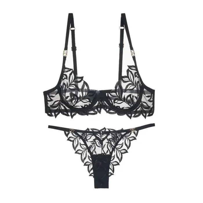 Ensemble soutien-gorge et slip en dentelle sexy brodé pour femmes occassions spéciales lingerie transparente haut en coton fin