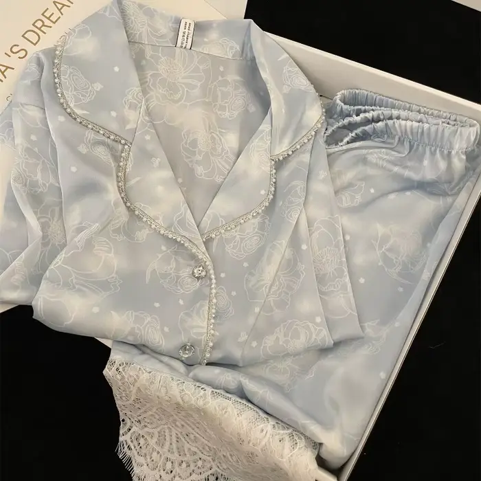 Hodvábny dvojdielny dámsky set Pijama jesenné kvetinové s dlhým rukávom zapol Top a nohavice nočné oblečenie žena nočné oblečenie Sexy pyžamo Set