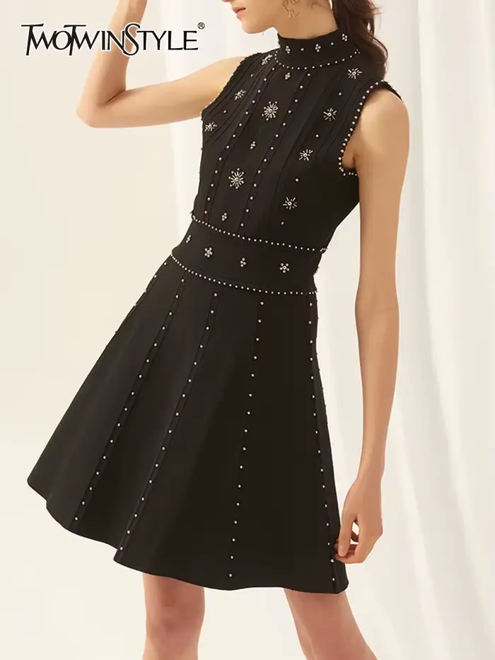 TWOTWurea-Robe évasée brodée en patchwork YLE pour femme, mini robe taille haute, col rond, mode fém