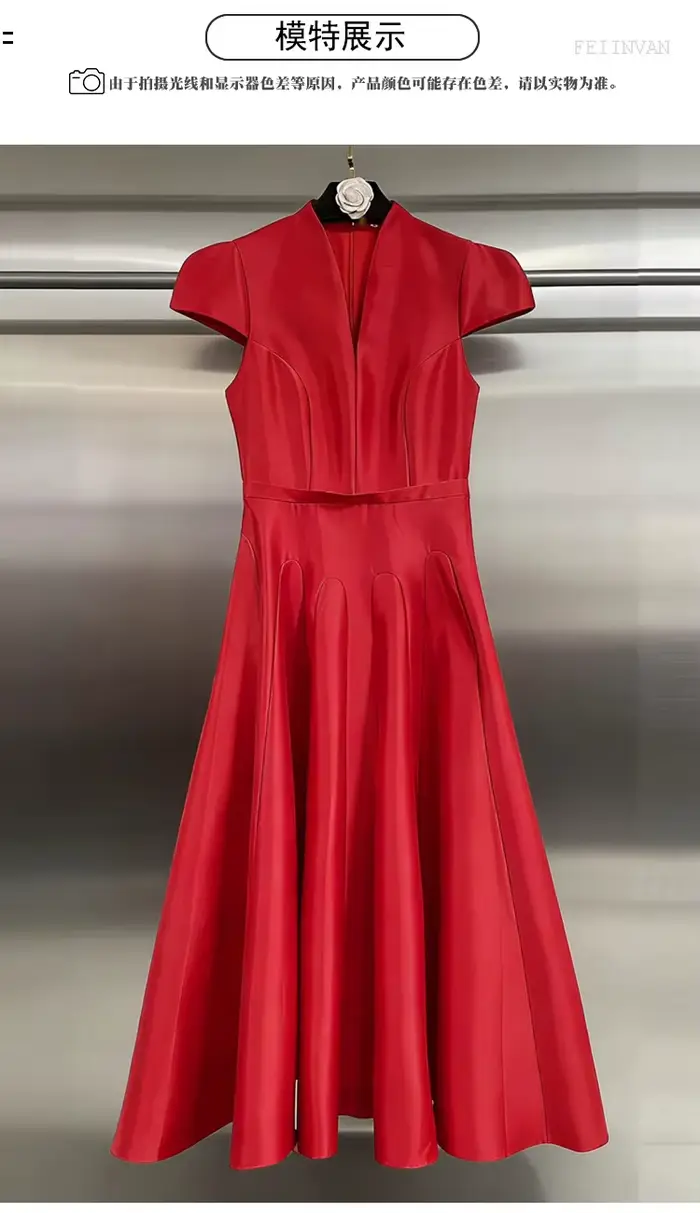 Hepburn Style élégant automne longue robe femmes col en v solide à manches courtes été Midi robes fo