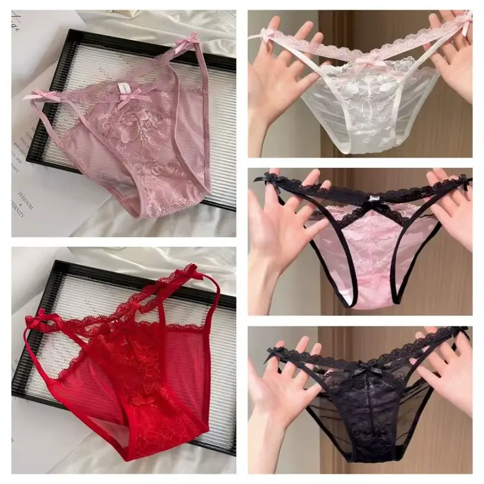 Culottes de lingerie pour femme, style français, taille mi-haute, sans couture, à nœud, en dentelle florale, ajourées, en maille de dentelle transparente