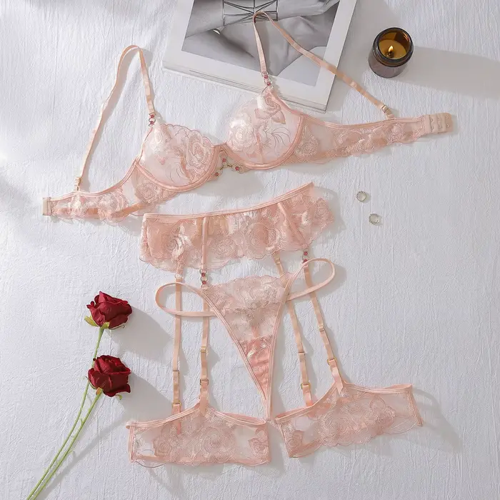 Ensemble de lingerie fantaisie en dentelle florale, sous-vêtements brésiliens, porte-jarretelles att