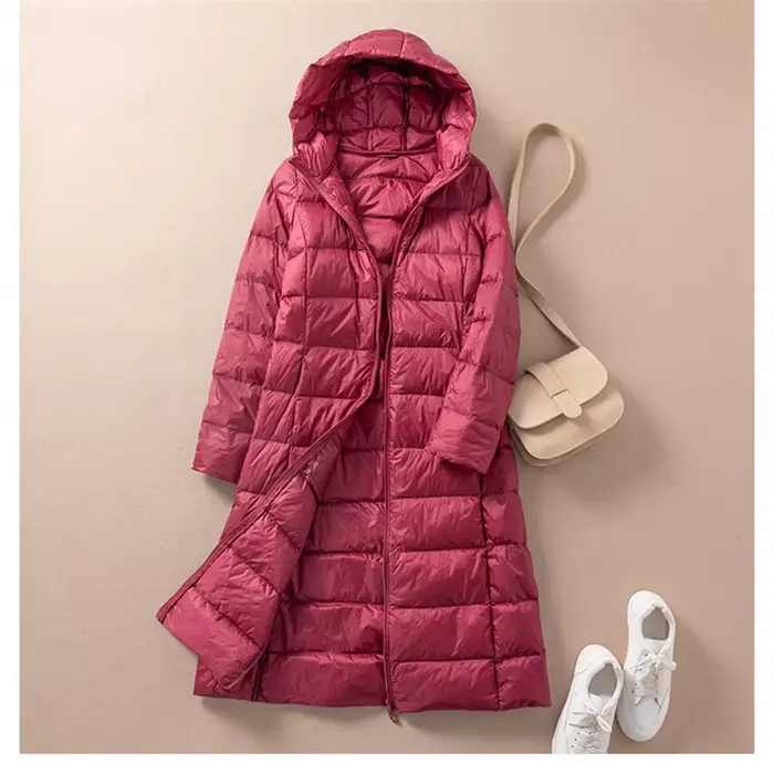 Dlhý parka s kapucňou z bielej kačacej pápery pre ženy