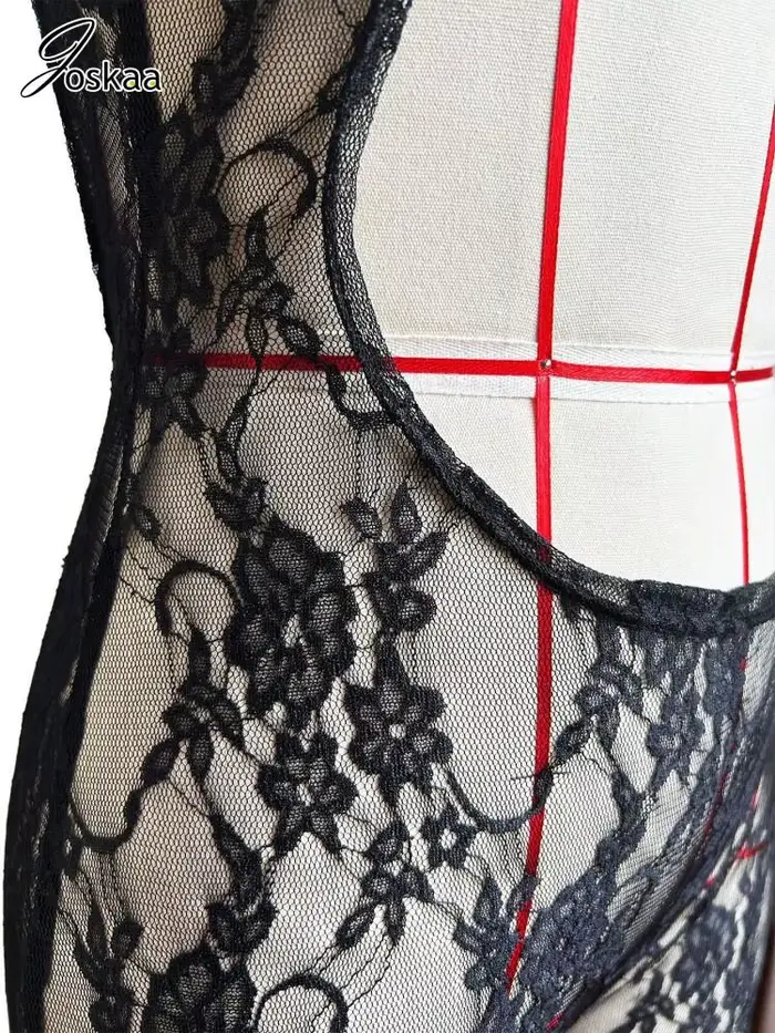 Sexy kombinácia v čipka priehľadný s výrezmi Joskaa pre ženy, V-neck, krátke rukávy, bez chrbta, jeden kus, pre sviatky a nočné kluby 2026