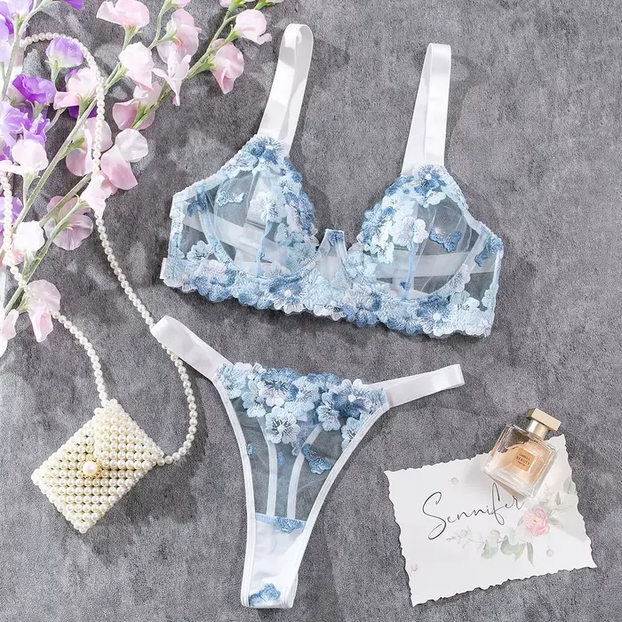 Krasapt modrá vyšívaná nízko střižená podprsenka s kosticemi a tanga set Sexy průhledné intimní dámské spodní prádlo jemný set