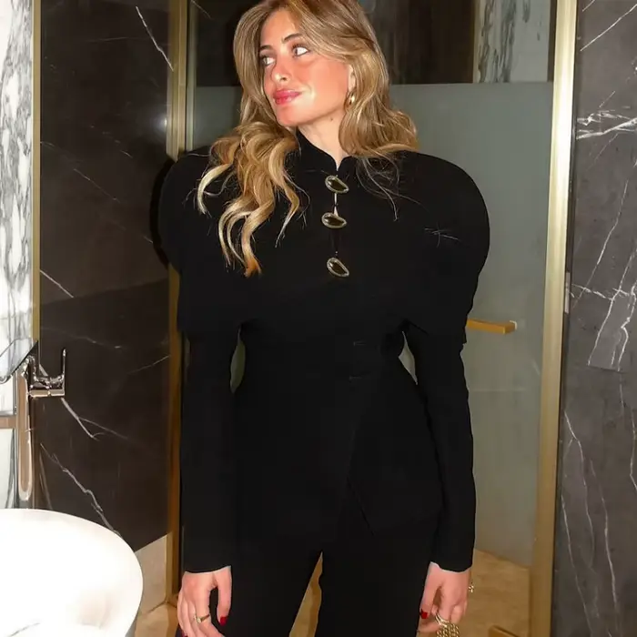 Elegantný čierny blazer Trendix pre ženy 2025 jeseň móda zlaté gombíky patchwork sako kabát párty vintage predmestie