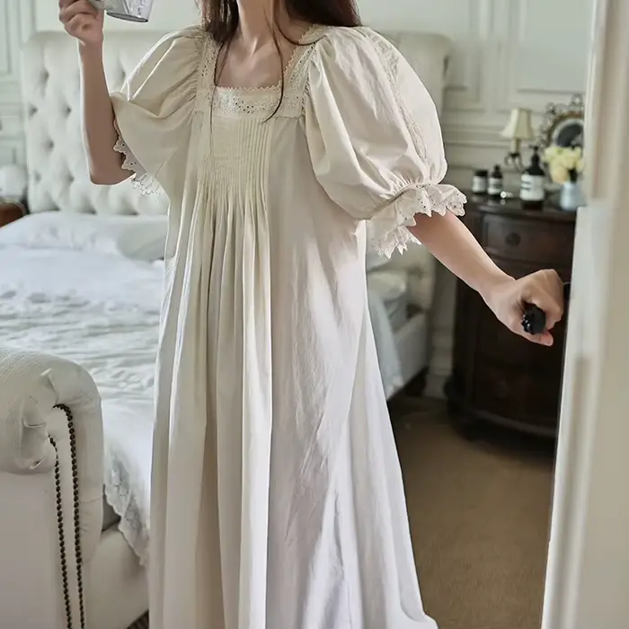 Čistá bavlnená nočná košeľa s elegantnou čipkou pre ženy, vintage štýl, bez rukávov, dĺžka členku, pre pokojné noci a špeciálne príležitosti