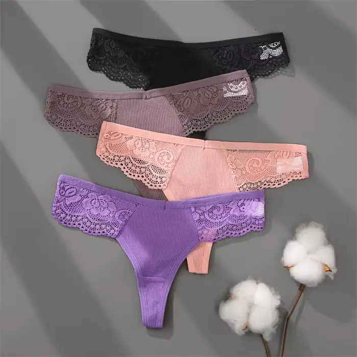 Pletená bavlnená spodná bielizeň zdobená kvetinovou čipkou, 3 kusy, nízky pás, tangá, elegantné a sexy ženské spodné prádlo