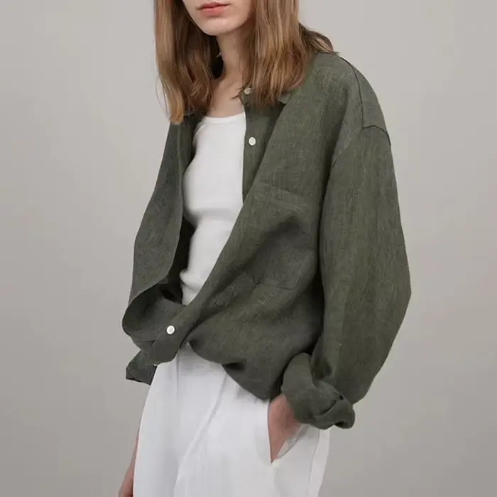 Chemisier surdimensionné à col rabattu pour femme, chemise décontractée en lin, manches longues, élé