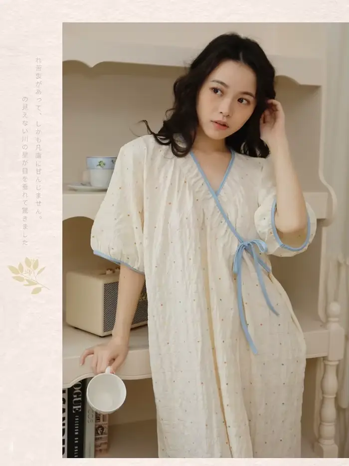 Letná dojčiaca kimono nočná košeľa z mäkkého krčeného bavlny