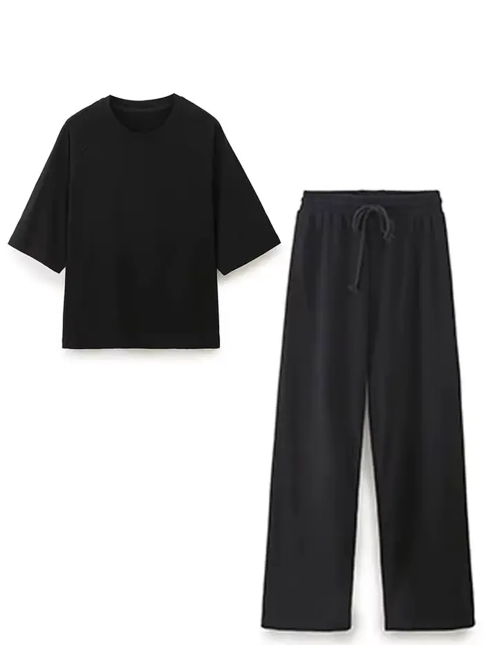HH été femmes décontracté T-Shirt pantalon ensembles élégant rose col rond manches courtes T-Shirt +