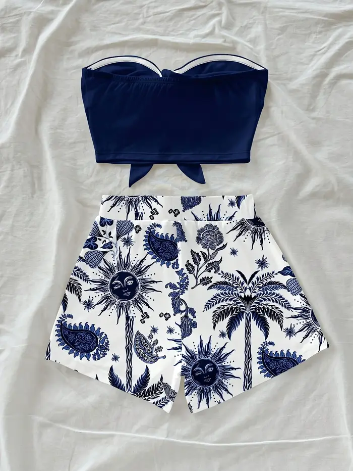 Ensemble 2 pièces pour femmes, imprimé cocotier et Dieu du Soleil, idéal pour les vacances d'été et 