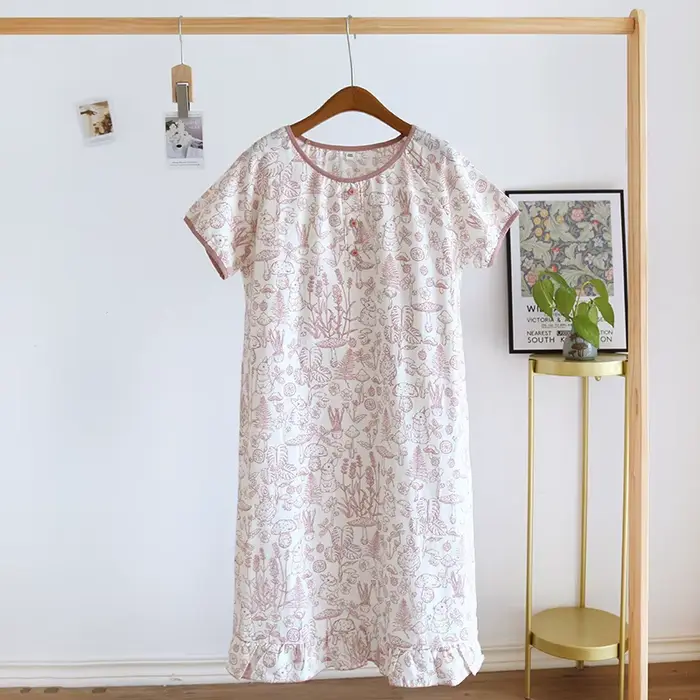 Chemise de nuit pour femme 1 pièce, robe de nuit décontractée en gaze de coton, manches courtes et coupe ample, légère et respirante, pour la maison en été