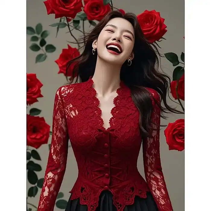 Haut corset en dentelle rouge pour femme, manches longues, bouton sur le devant, chemisier formel