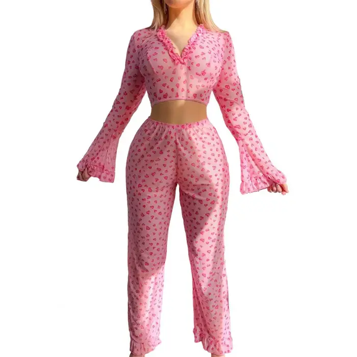 Ensemble pyjama 2 pièces pour femmes, imprimé cœur, ourlet à volants, haut de salon, manches longues