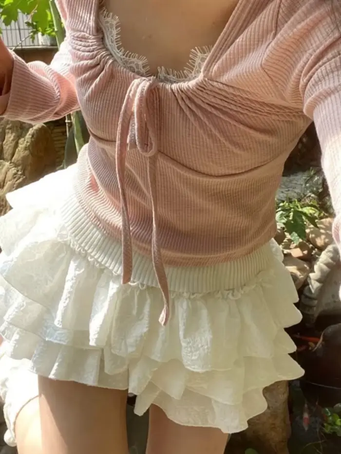 Kawaii robe de bal jupe courte plissée volants couches taille haute solide Mini gâteau jupes Lolita