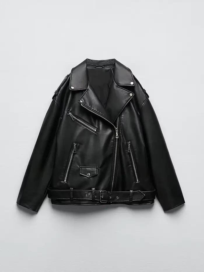 Ailegogo femmes ample moto motard noir Pu Faux cuir veste avec ceinture printemps automne femme mant