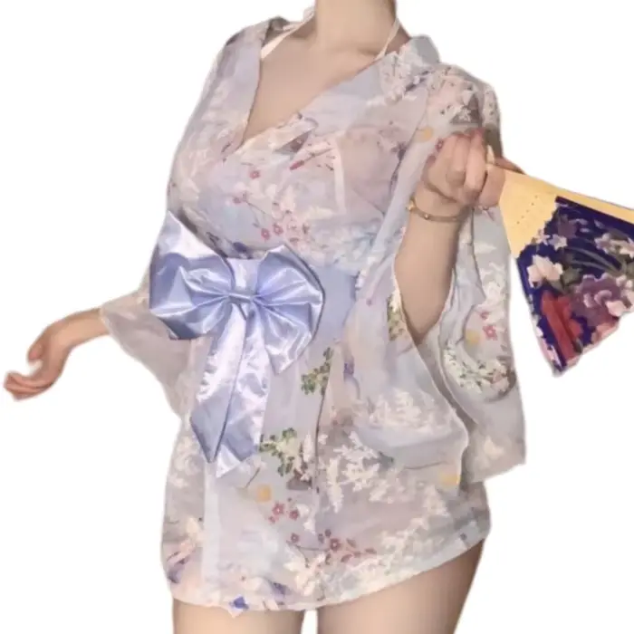 Nové Kimono tlačené a vyšívané šifónové nočné košele, hlboký výstrih, motýlí uzlík, zvodné a koketné, erotické spodná bielizeň