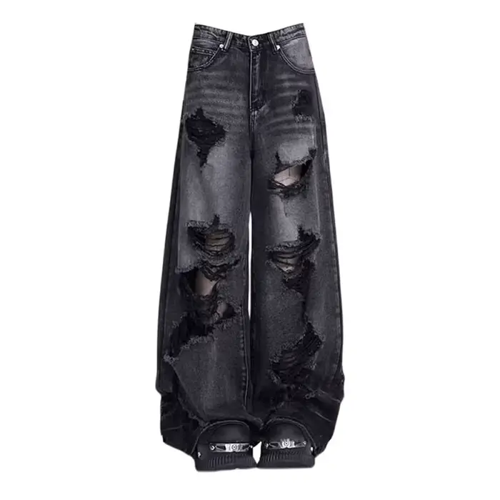 Jeans baggy vintage noir déchirés pour femmes style Y2K occasionnellement décontracté et élégant