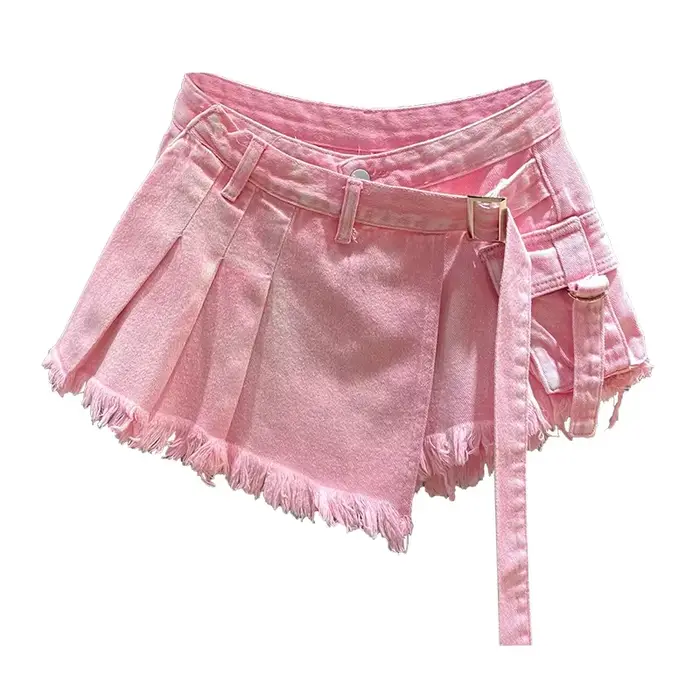 Mini jupe en jean rose irrégulière pour femme, taille haute, amincissante, faux deux pièces, vêtemen