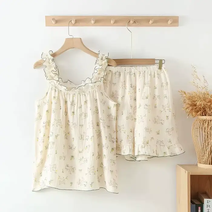 Pyjama d'été à manches courtes pour femmes, vêtements de nuit doux, sangle, haut de sommeil, short, 