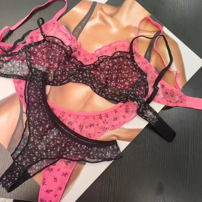 Dámske kvetinová tlač spodná bielizeň Set, Sexy čipka podprsenka, francúzština, ultra tenké, priedušné, intímne, mäkké spodné prádlo