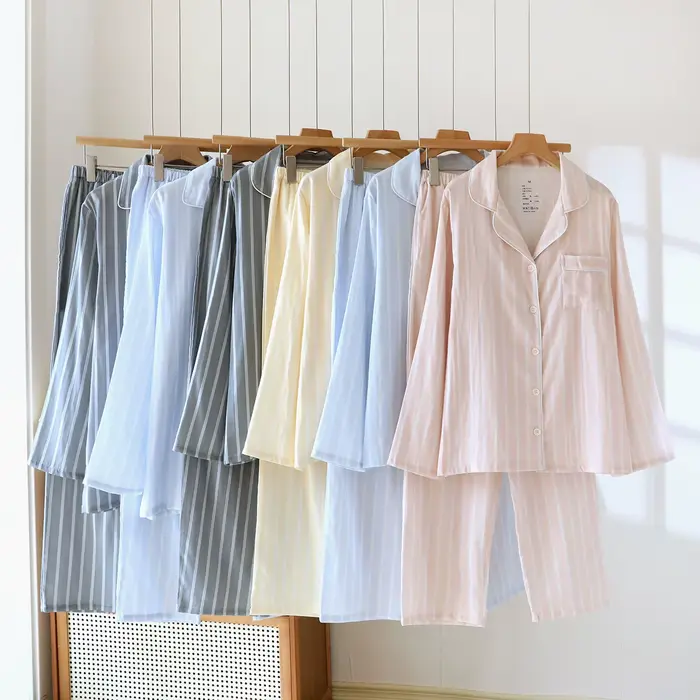 Ensemble pyjama 2 pièces pour couple, Style Simple rayé, couleur non imprimée, tissé, taille ample, manches longues, pantalon Long, automne