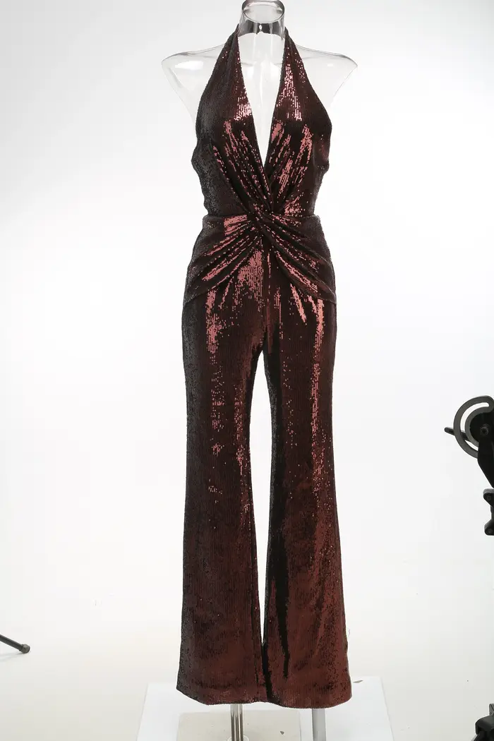 VC-Combinaisons dos nu à paillettes dorées pour femmes, vêtements féminins une pièce, design de luxe