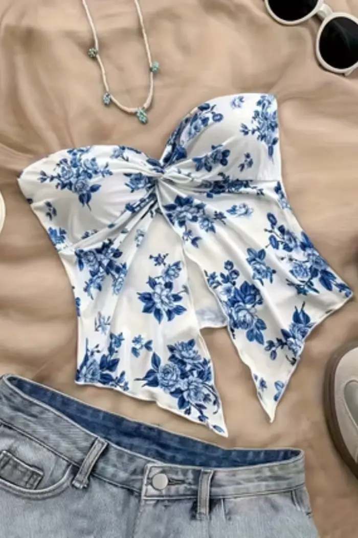 Kvetinový vzorovaný polyesterový a elastanový krátky top pre ženy všetkých vekových kategórií