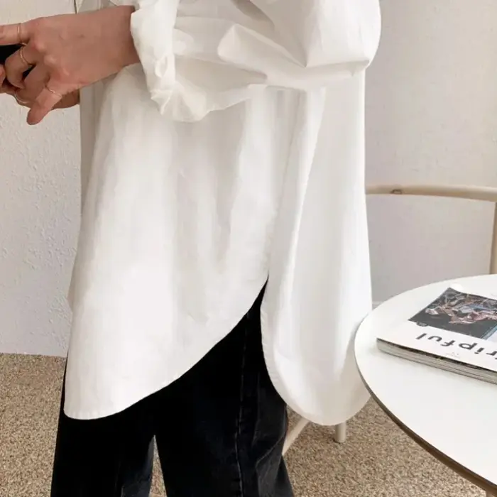 Bureau dame élégant blanc décontracté Blouses amples mode nouveau coton à manches longues femmes che