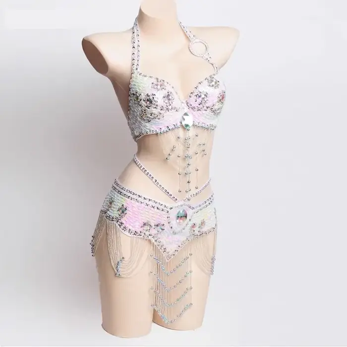Sexy nočný kostým pre dievčatá, ručne vyrábané korálkové brušné tanečné kostýmy, podprsenka a opasok, sada 2 kusov pre ženy, karnevalové tanečné oblečenie
