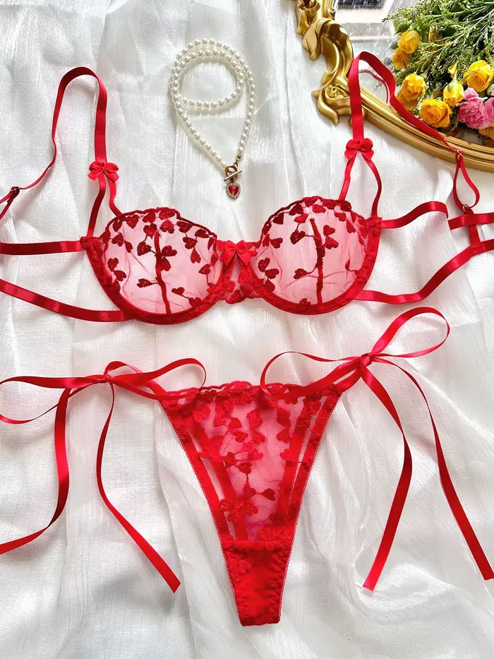 Lingerie sexy pour femmes élégantes, ensembles féériques avec broderie en forme de cœur, dentelle se
