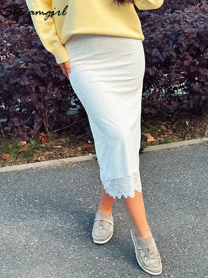 Biela čipka sukne Maxi Bodycon Dámska kancelária držal elegantné formálne sukne s čipkou Lady elastickým pásom čipka dlhé čierne sukne