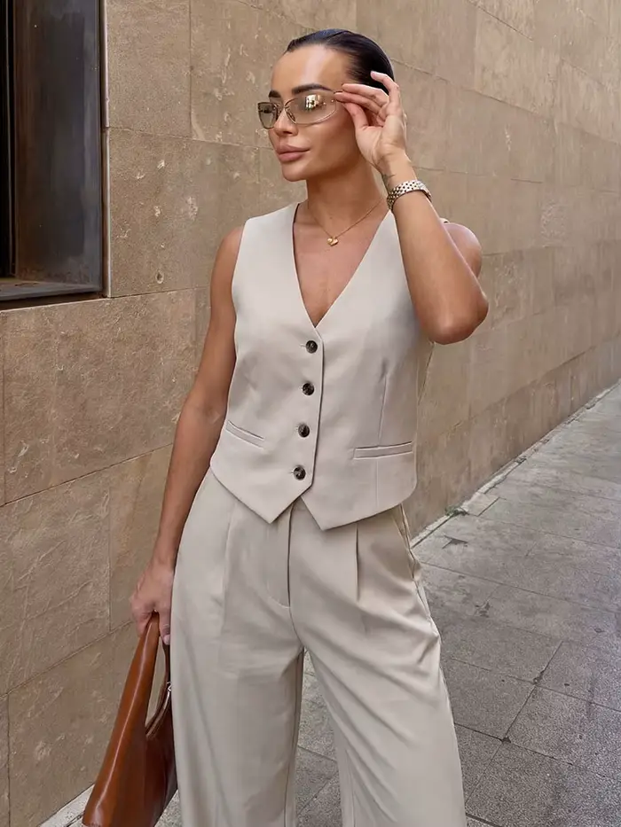 Dámska bunda bez rukávov a kancelárske nohavice set, polyester, V-neck, zapínanie jedným tlačidlom, príležitostne príležitostné, jarné leto