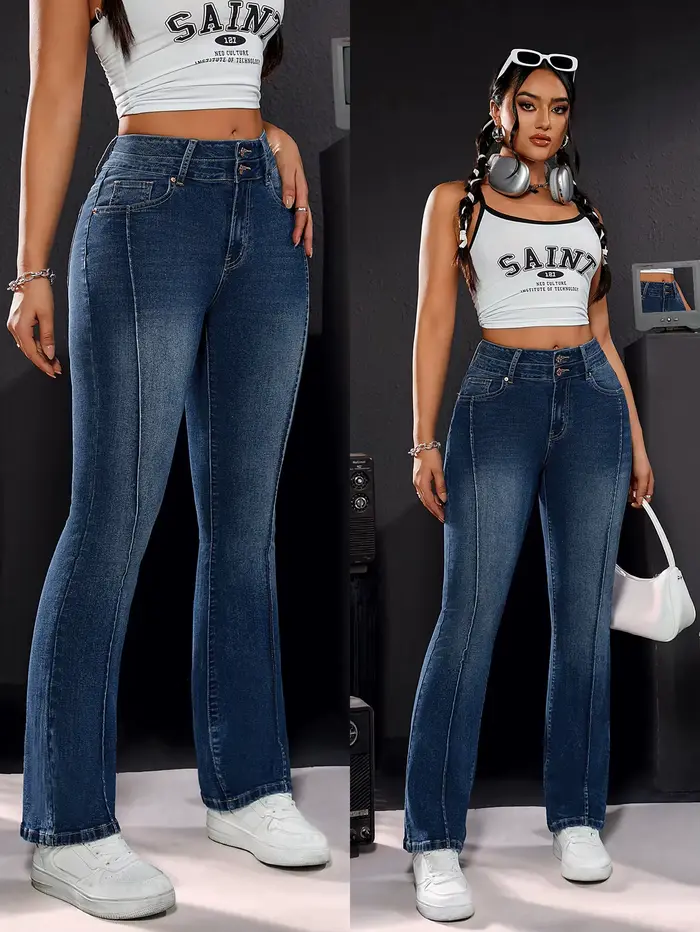 Pantalon en jean stretch taille haute pour femme, détails à double bouton, coupe confortable, jambe 
