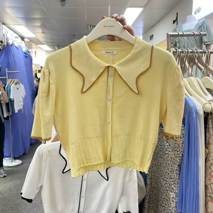 DAIZHIYUE junior krátke tričko s patchwork pre ženy štýl streetwear leto 2024 pletený polyester viskóza slim fit nafúknutý rukáv