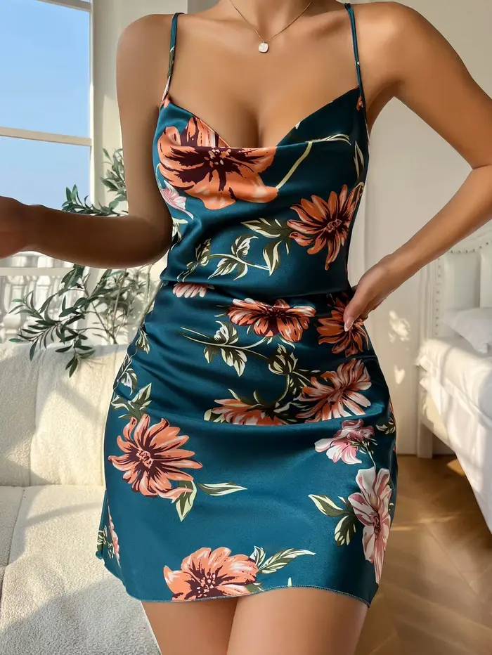 Chemises de nuit d'été en soie glacée pour femmes, nuisette sexy à imprimé floral, pyjama à dos ouve
