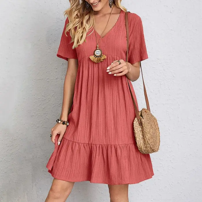 Robe d'été décontractée pour femmes, élégante, manches courtes, col en V, à volants, couleur unie, a