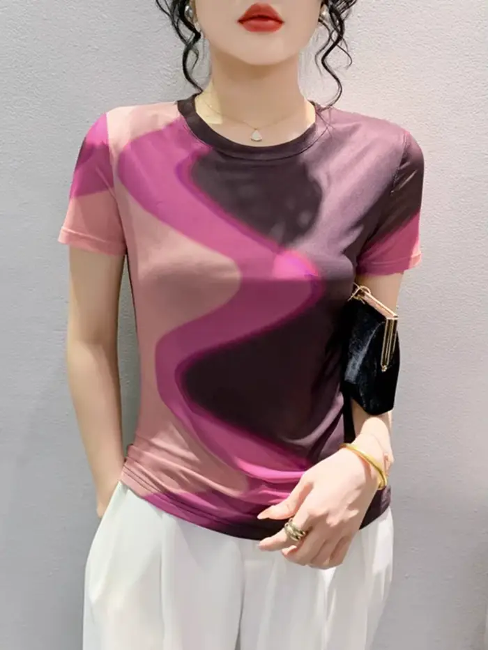 T-shirt à manches courtes et col rond pour femme, haut moulant, élégant, en maille imprimée, été, BH
