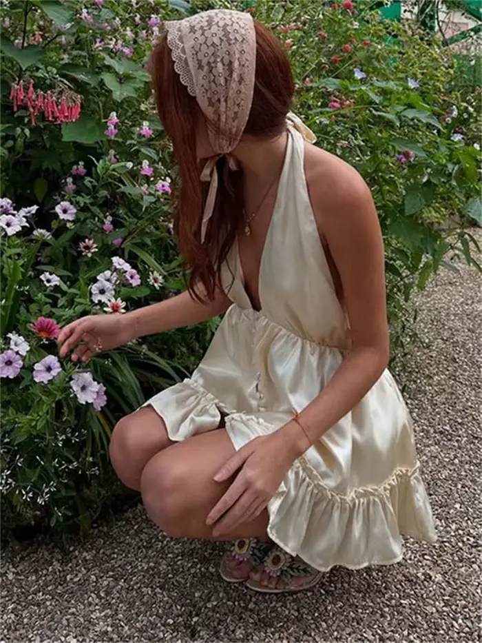Tossy Satin mode col en v Mini robe femmes à volants dos nu été 2025 vêtements de nuit robe de soiré