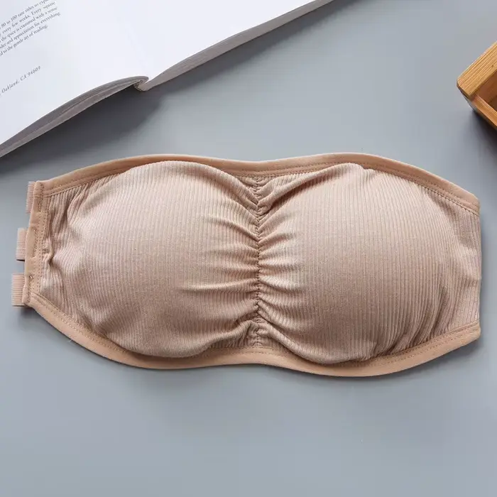 Soutien-gorge bandeau côtelé sans bretelles pour femme, anti-dérapant, froncé, coussinets amovibles respirants, crochets dorsaux réglables, occasion spéciale invisible sous-vêtement