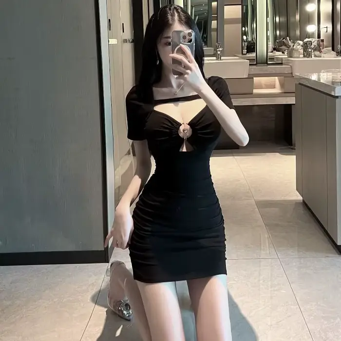 Robe d'été Sexy et douce pour filles, Style coréen, col en v, manches courtes, poitrine ajourée, cou