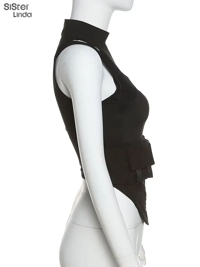 Sisterlinda-Haut moulant en maille avec fermeture éclair pour femme, ceinture multicouche, tendance 