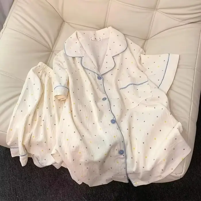 Dámske polka dot tlačené bavlnené pyžamo set, krátky rukáv top a šortky, 2-dielna sada, ležérne a pohodlné set pre domácnosť, mäkké