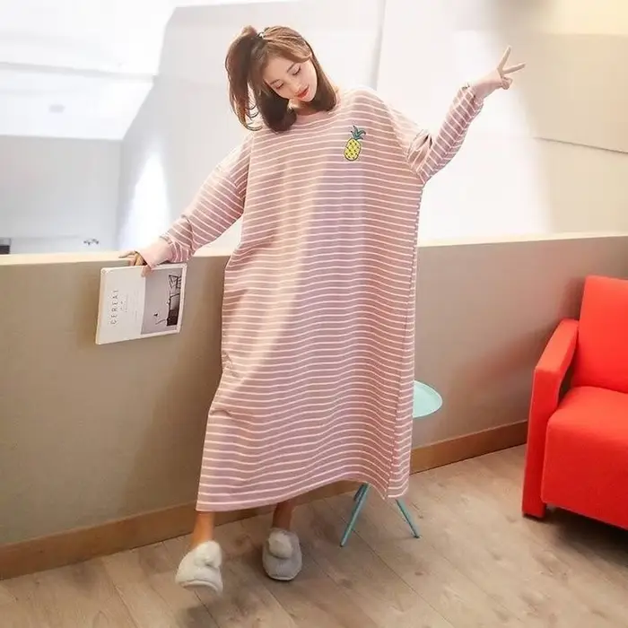 Dámska nočná košeľa M-5XL jesenné dlhé rukávy oplachovanie pruhované dĺžka Preppy mn teenageri Kawaii voľný domáci nočný odev pohodlná móda