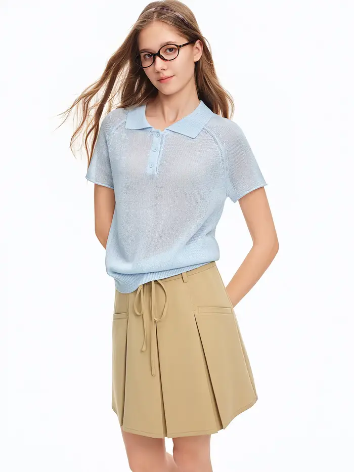 DUSHU Žena 【Letná elegancia】 Voľné tričko s polo golierom z úpletu