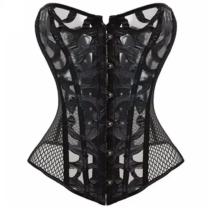 Corset Caudatus pre ženy, prelamovaný mesh top, burleskný štýl, čipka-up, gotický bez ramienok, overbust korzet, sexy obleky, čierno-biele spodná bielizeň