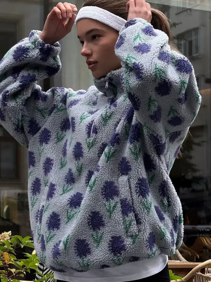 Bornladies dámska jeseň zima nová fleece žakárová mikina s polovičným zipsom
