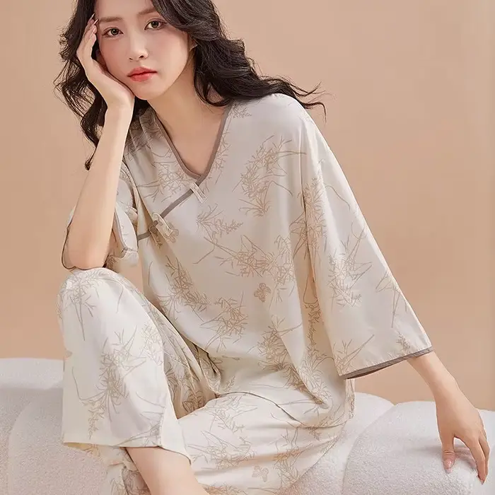 Mode imprimé femmes pyjamas ensemble décontracté coton rayonne vêtements de nuit printemps automne maison vêtements Style rétro vêtements de nuit Pijama Mujer