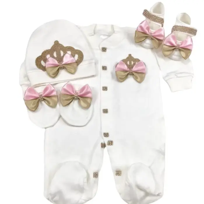 Combinaison à jambes longues pour nouveau-né 0-9 mois, ensemble de 4 pièces, blanc, rose, or, couron